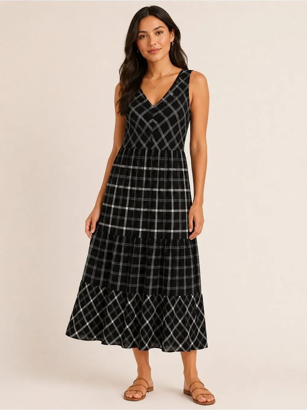 J. Jill Black Plaid V‑Neck Tiered Midi Dress